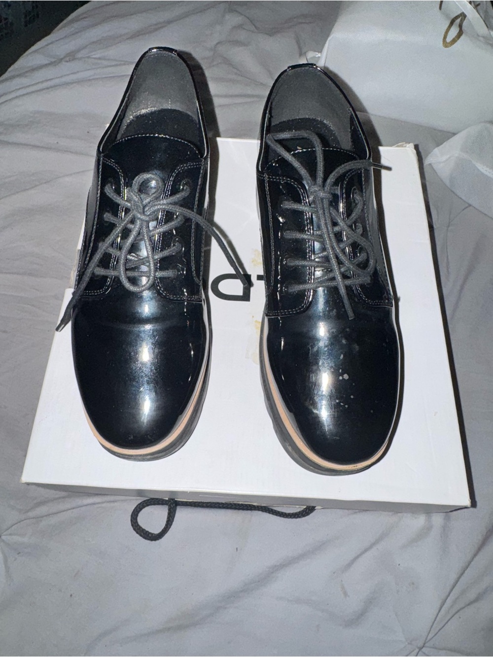 Aldo Black Patent Lace-Up Loafers with Tan Sole Trim